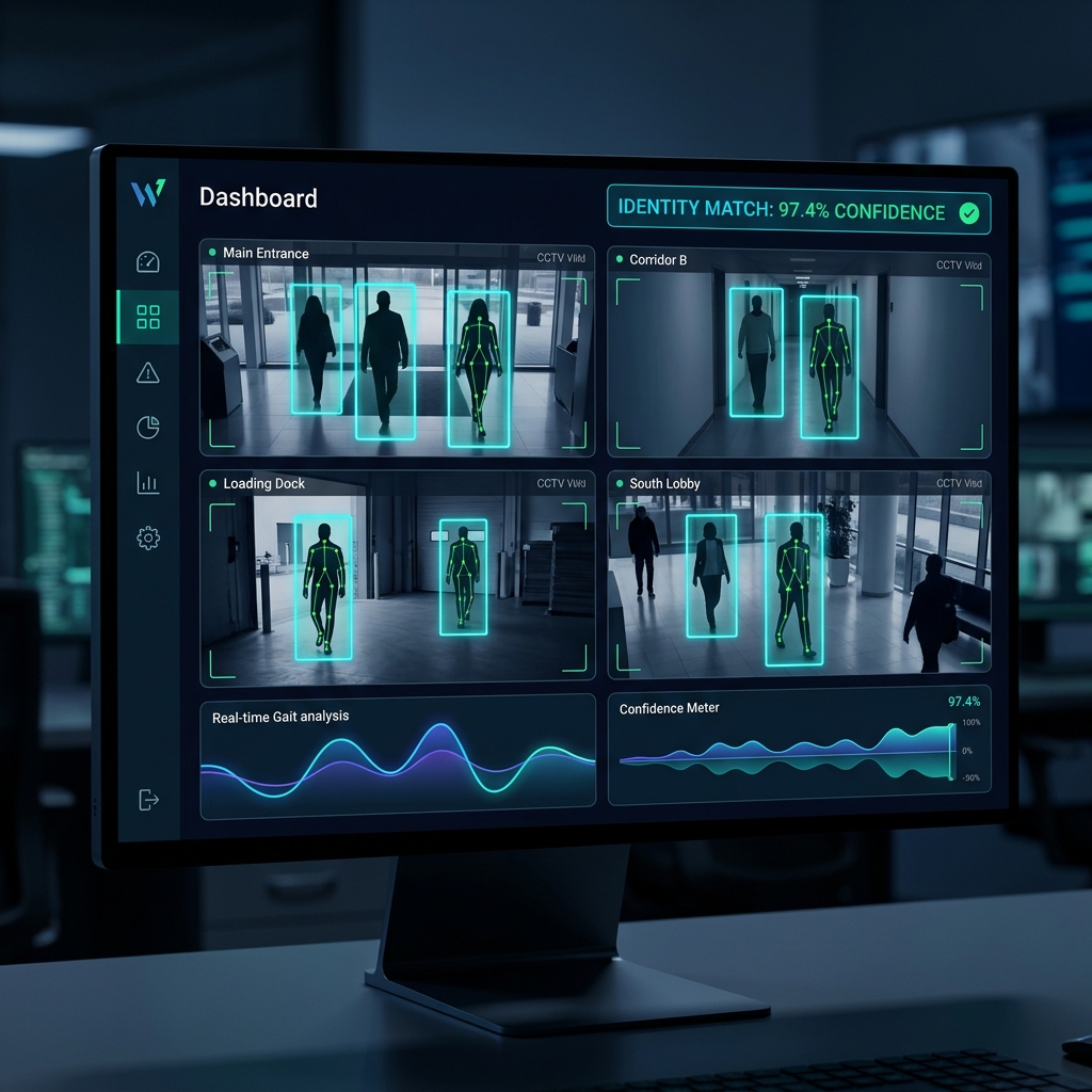 WalkPassAI live recognition dashboard showing multiple camera feeds with gait tracking